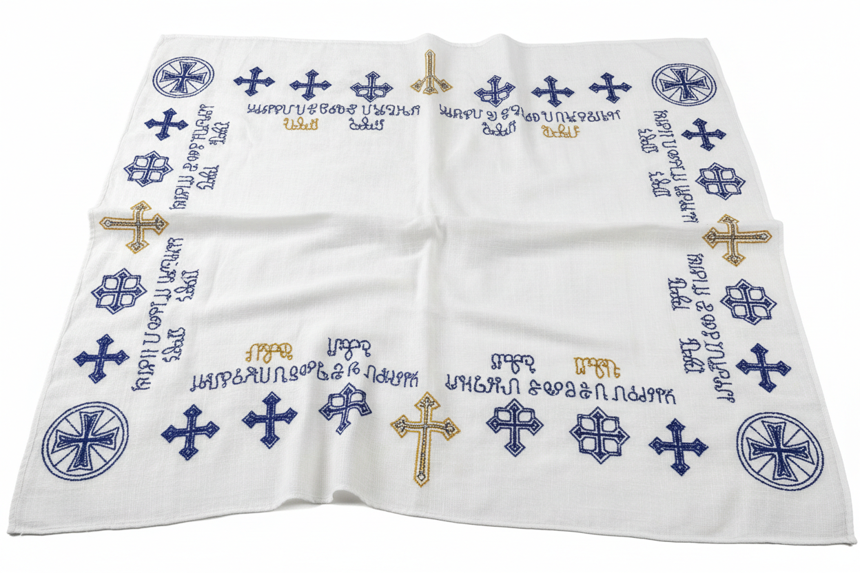 a white, cotton fiber, with crosses and amharic verses printed on it. and with no dummy.