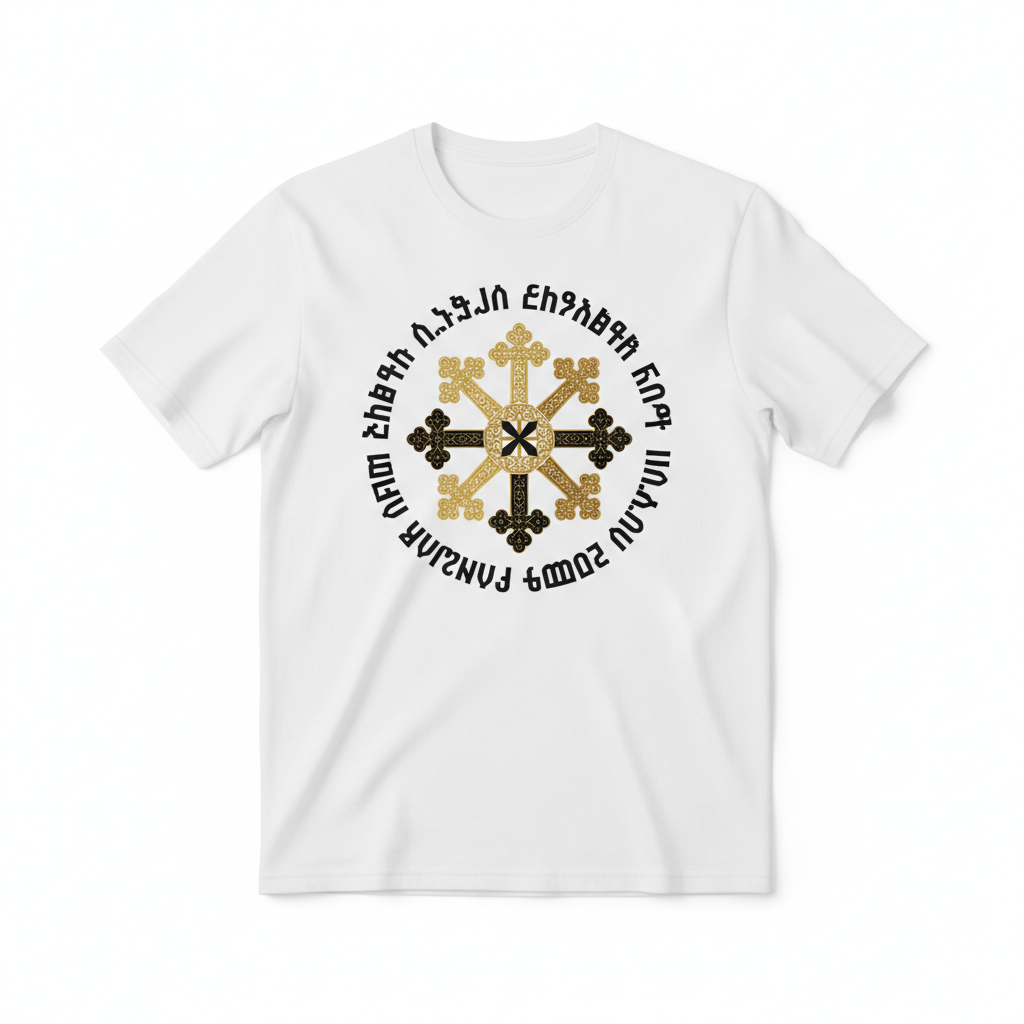 can you print a white t-shirt orhtodx chruch merch with a crosses and biblical verses in amharic?